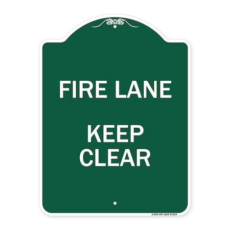 Signmission Designer Series Sign-Fire Lane Keep Clear, Green & White Aluminum Sign, 18" x 24", GW-1824-23983 A-DES-GW-1824-23983